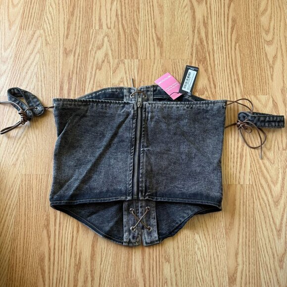 PrettyLittleThing Shape Brown Lace Up Denim Corset Top Size 6 Structured Bustier - Picture 5 of 6